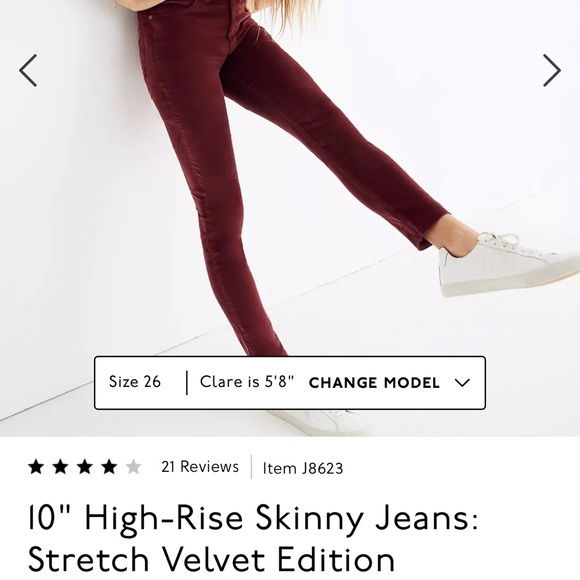 Madewell 10" High-Rise Skinny Jeans: Stretch Velvet Edition size 25P - Picture 1 of 5